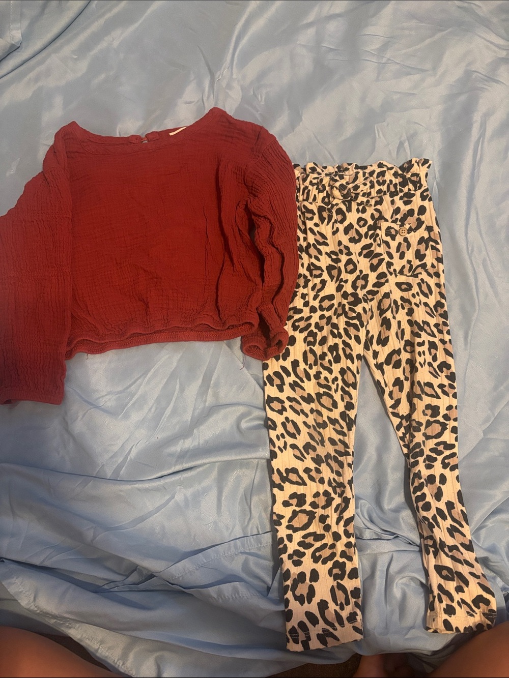 Maroon Crinkle Long Sleeve Top with Animal Print Leggings Set